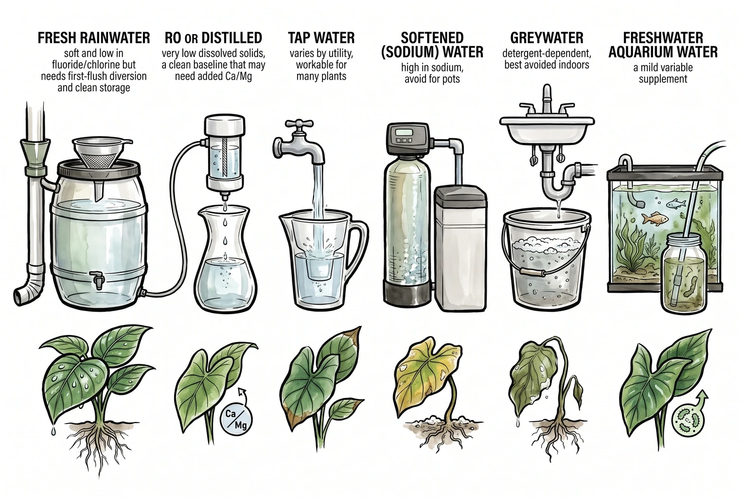 Overview of water sources for houseplants (rainwater, RO or distilled, tap, softened water, greywater, and aquarium water)
