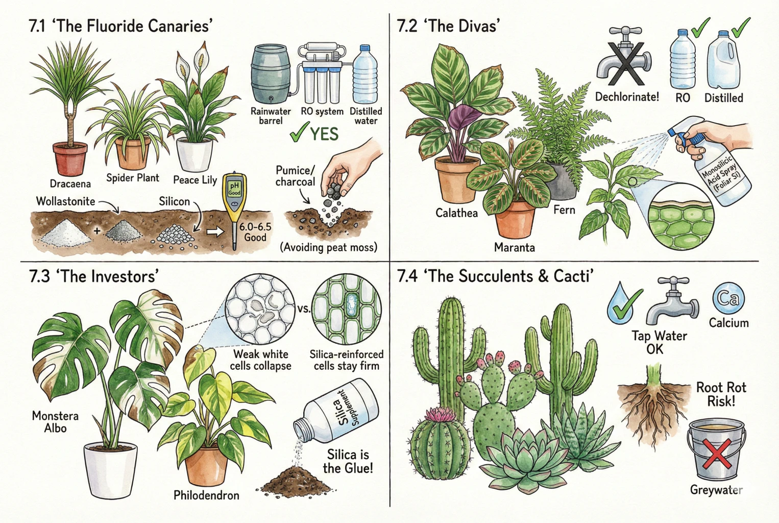 Plant-group care cards for fluoride-sensitive genera, crispy-edge plants, variegated plants, and succulents