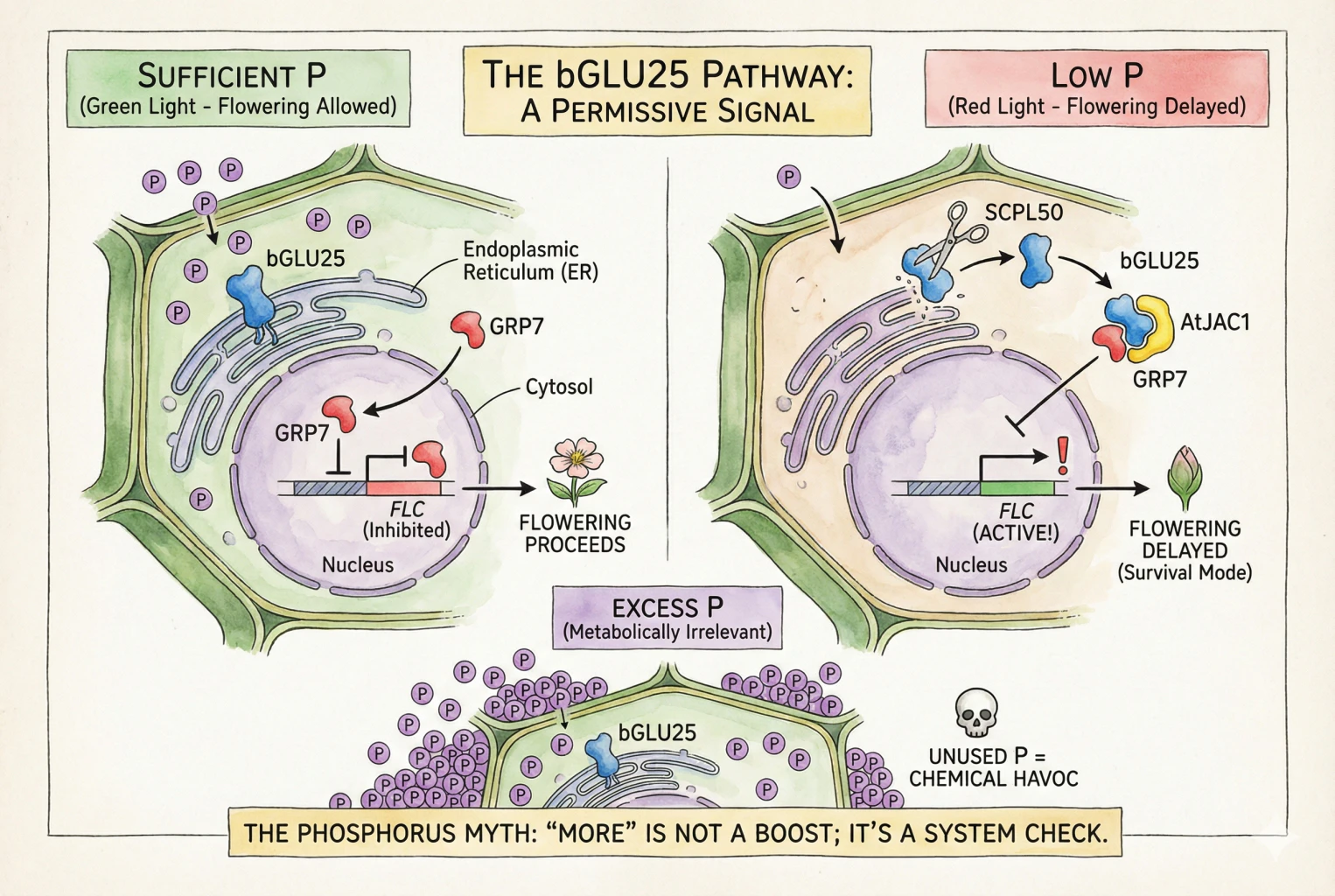Diagram of the bGLU25 flowering pathway in Arabidopsis under low versus sufficient phosphorus, with a schematic of what excess phosphorus does in the substrate.