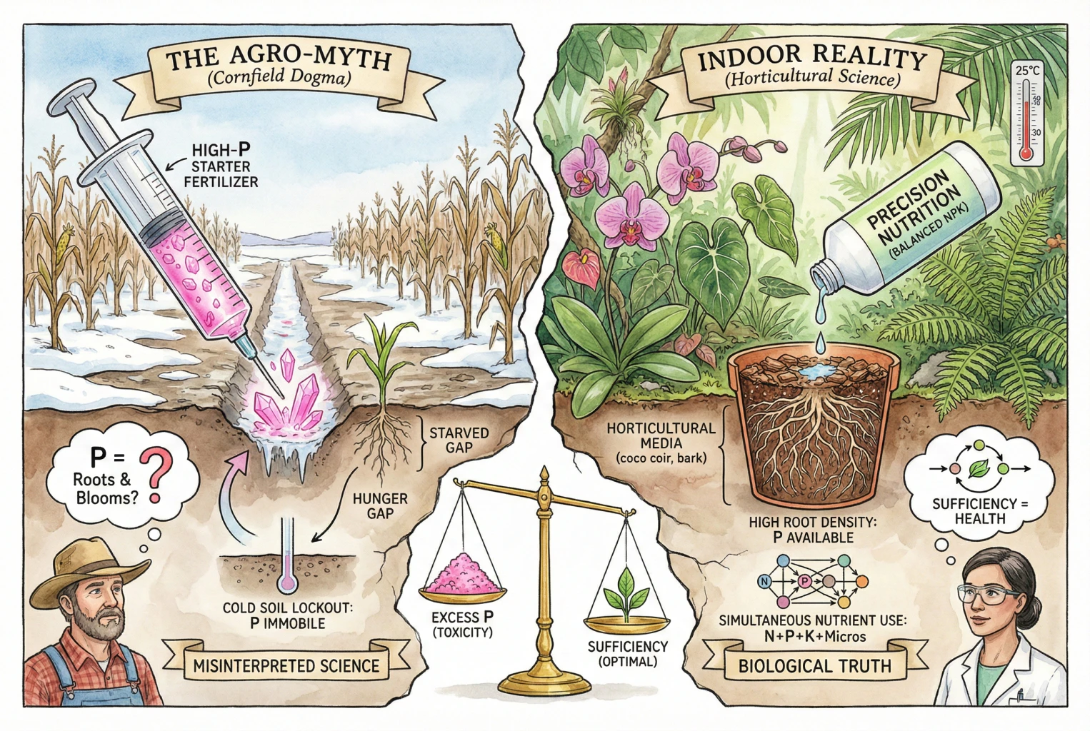 Illustration contrasting a cold spring cornfield receiving a phosphorus starter with a warm indoor pot at room temperature.