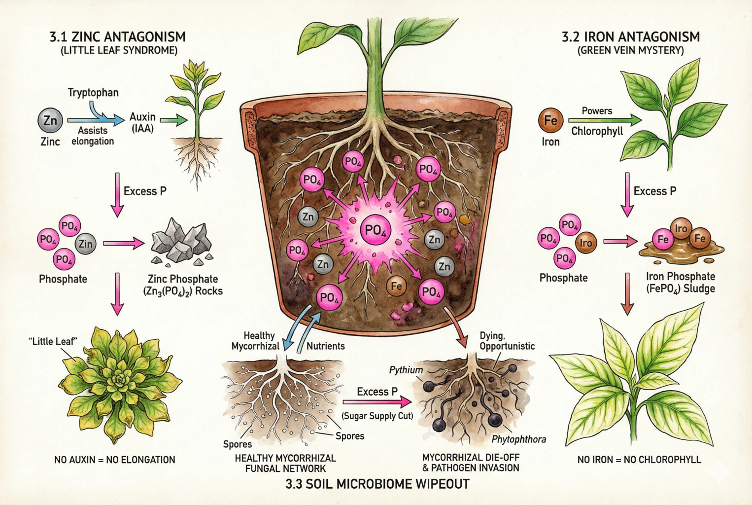Illustration of how high phosphorus can interact with zinc and iron in the root zone and reduce their availability to a plant.