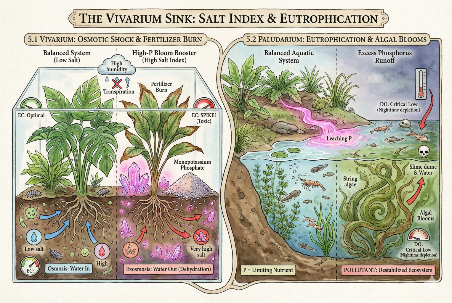 Illustration of osmotic stress on plant roots from concentrated fertilizer salts and of phosphorus runoff feeding algae in a paludarium water feature.