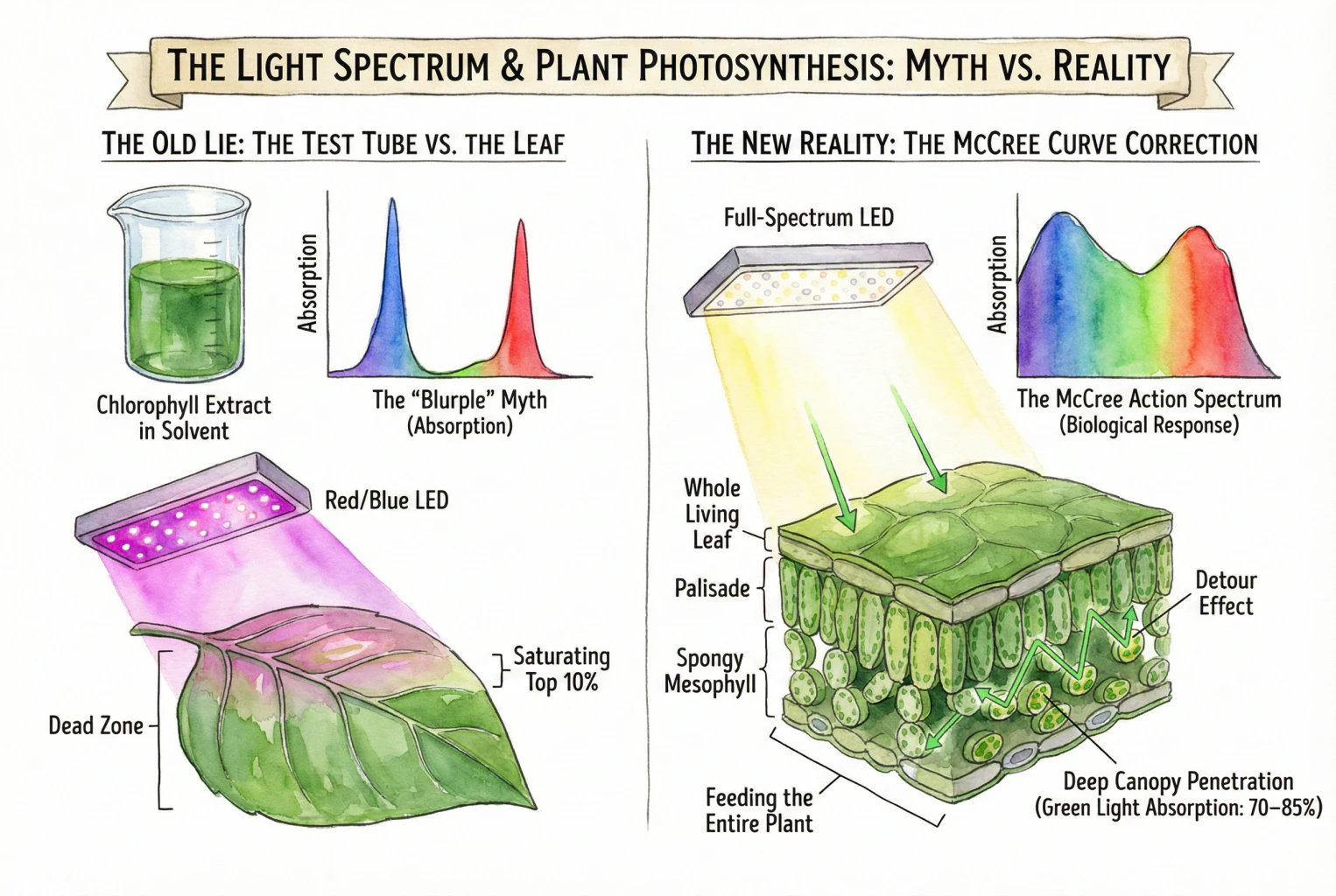 Conceptual illustration comparing a chlorophyll extract absorption curve, the McCree action spectrum, and a leaf cross-section; the values shown are illustrative, not measured.