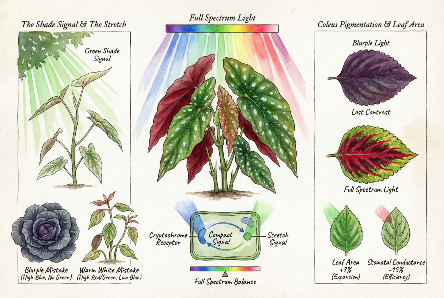 Conceptual illustration of plant morphology under different spectra, alongside the meta-analysis's +7% leaf-area and lower stomatal-conductance figures.