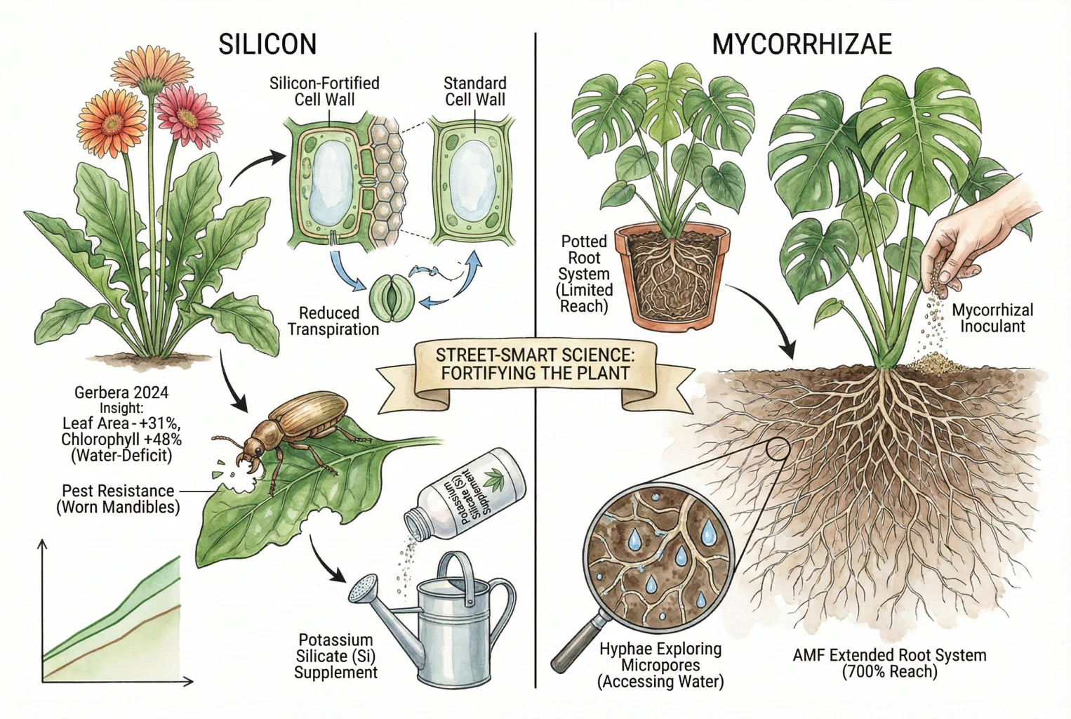 Conceptual illustration of silicon deposition in plant tissue and mycorrhizal hyphae extending from roots. Figures shown are illustrative and not from a single verified source.