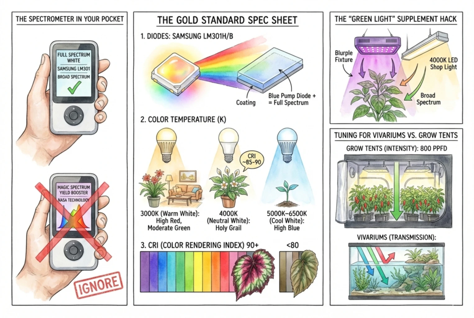 Conceptual illustration of a grow-light buying checklist: spec-sheet items, color temperature, and CRI. Illustrative only, not measured data.
