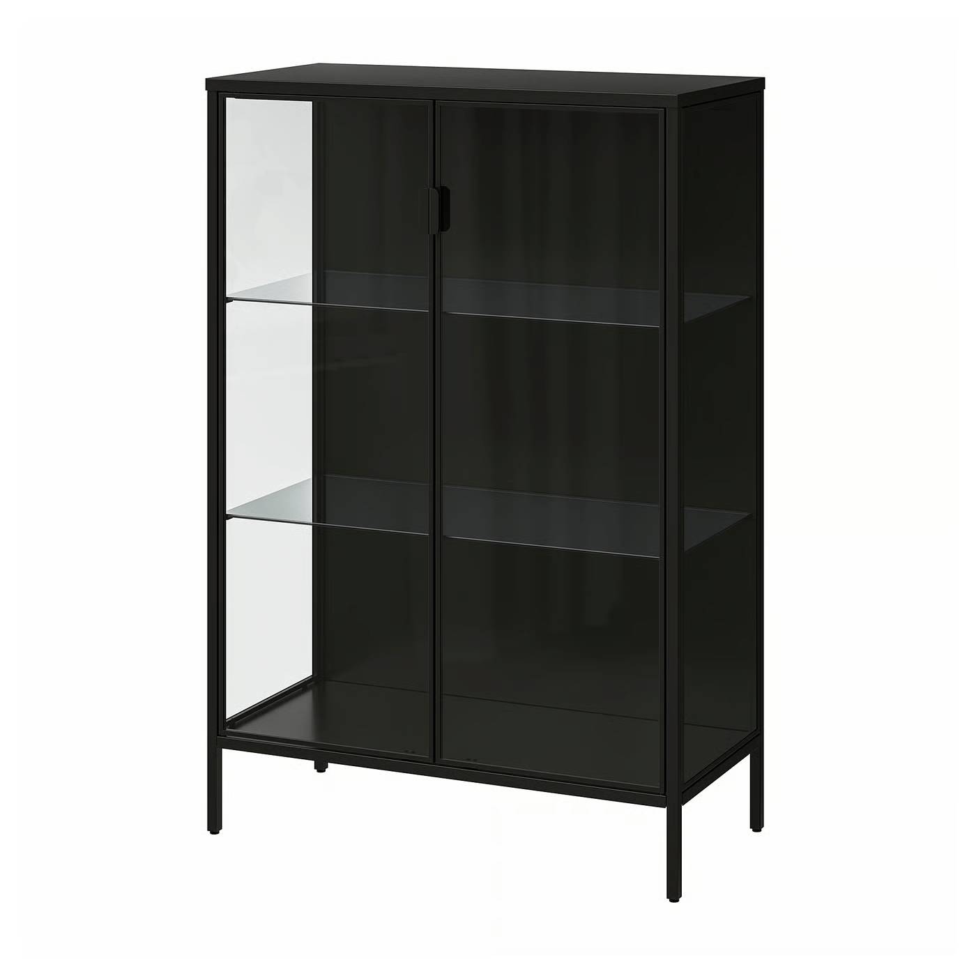 Gabinete IKEA Rudsta con puertas de vidrio, antracita y panel trasero de acero magnético.