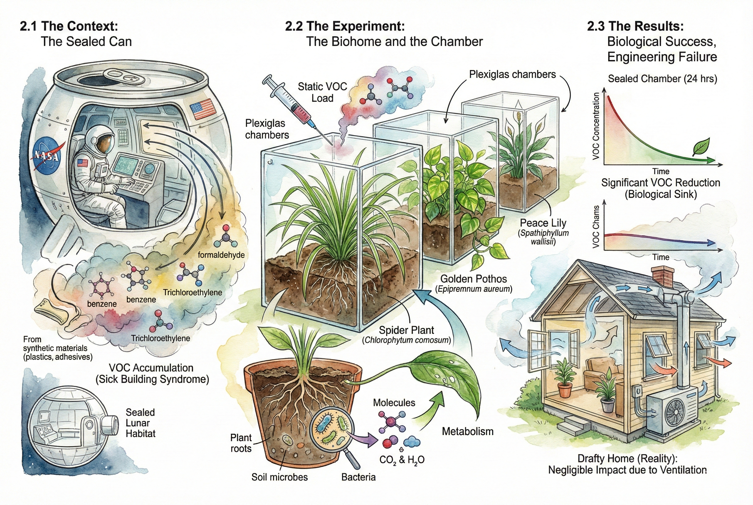 Illustration of the NASA sealed-chamber plant experiment concept: a houseplant in an airtight box with a VOC molecule label.