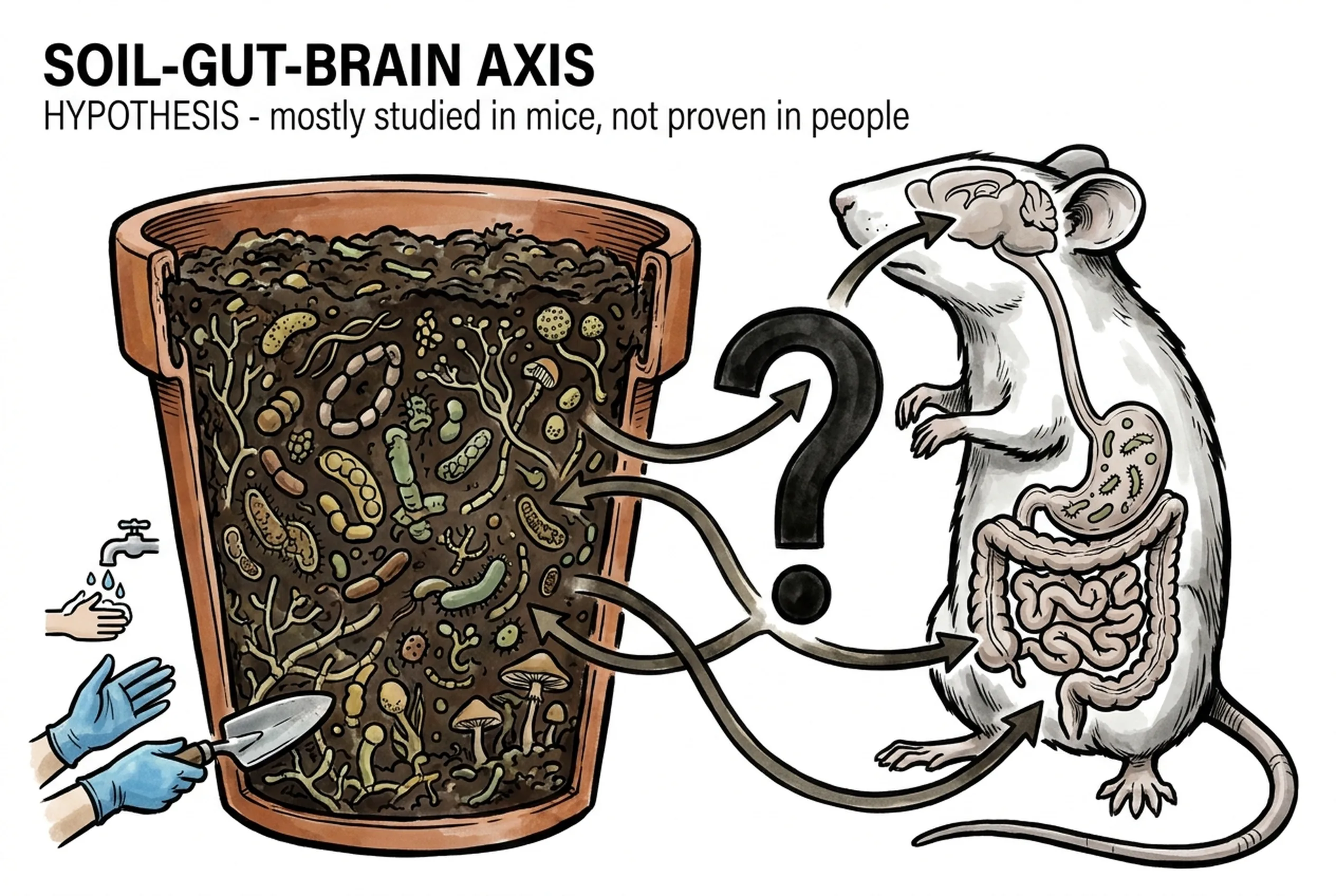 Simplified illustration of the soil–gut–brain axis concept, showing soil microbes, the gut, and the brain connected by arrows.