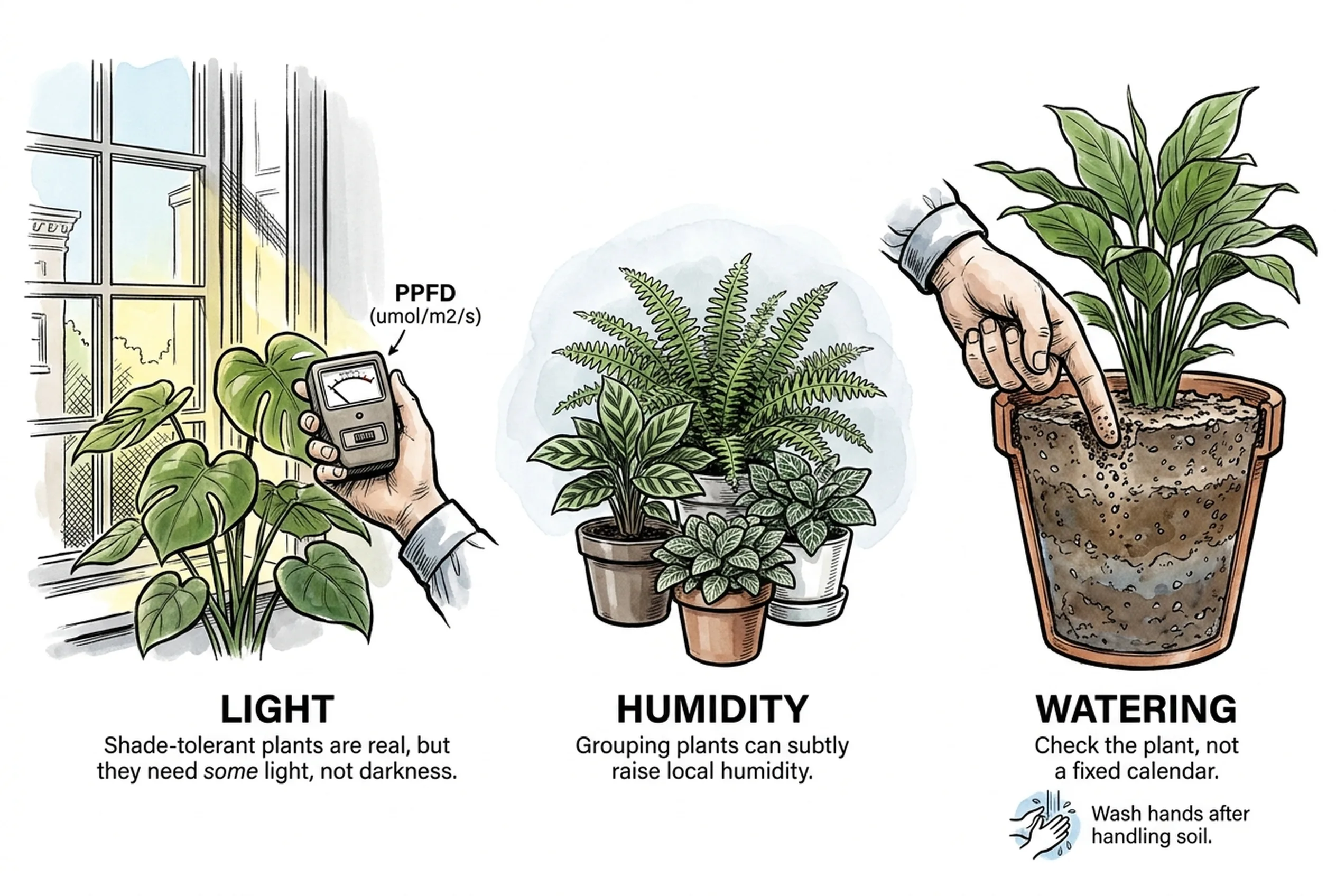 Illustration of houseplant care basics: light, humidity from grouped plants, and a soil touch-test for watering.