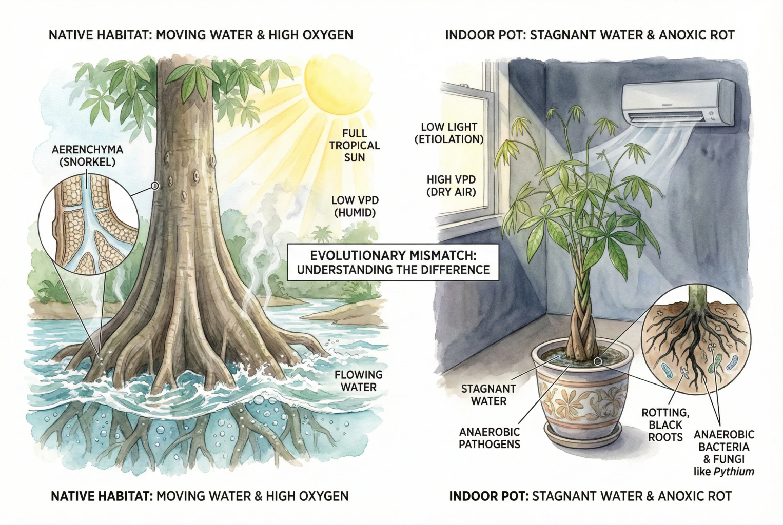Conceptual illustration comparing a Pachira in a flooded wetland with the same plant in a saturated indoor pot.