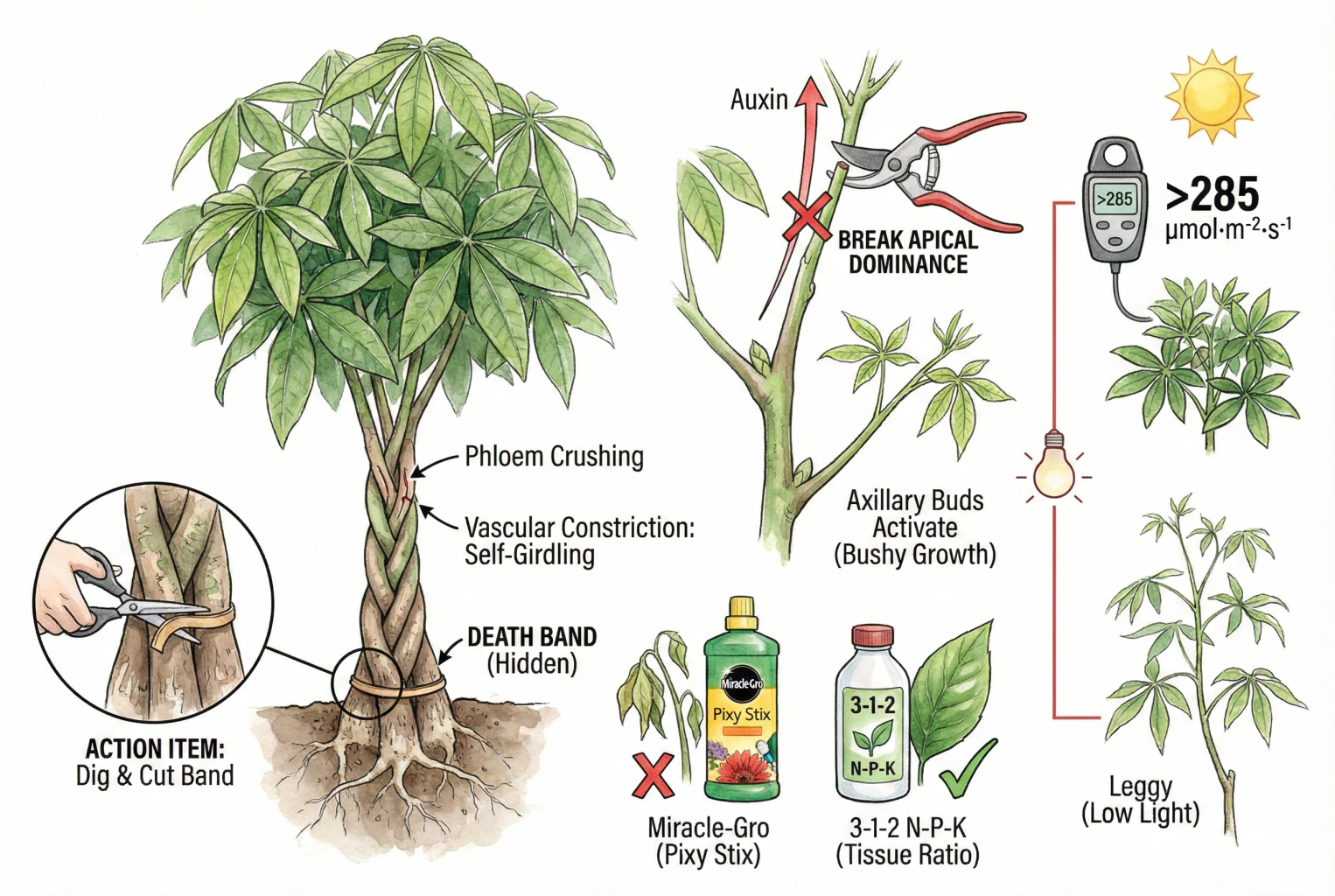 Illustrated tips covering braid ties, pruning cuts, and fertilizer ratios for a Money Tree.