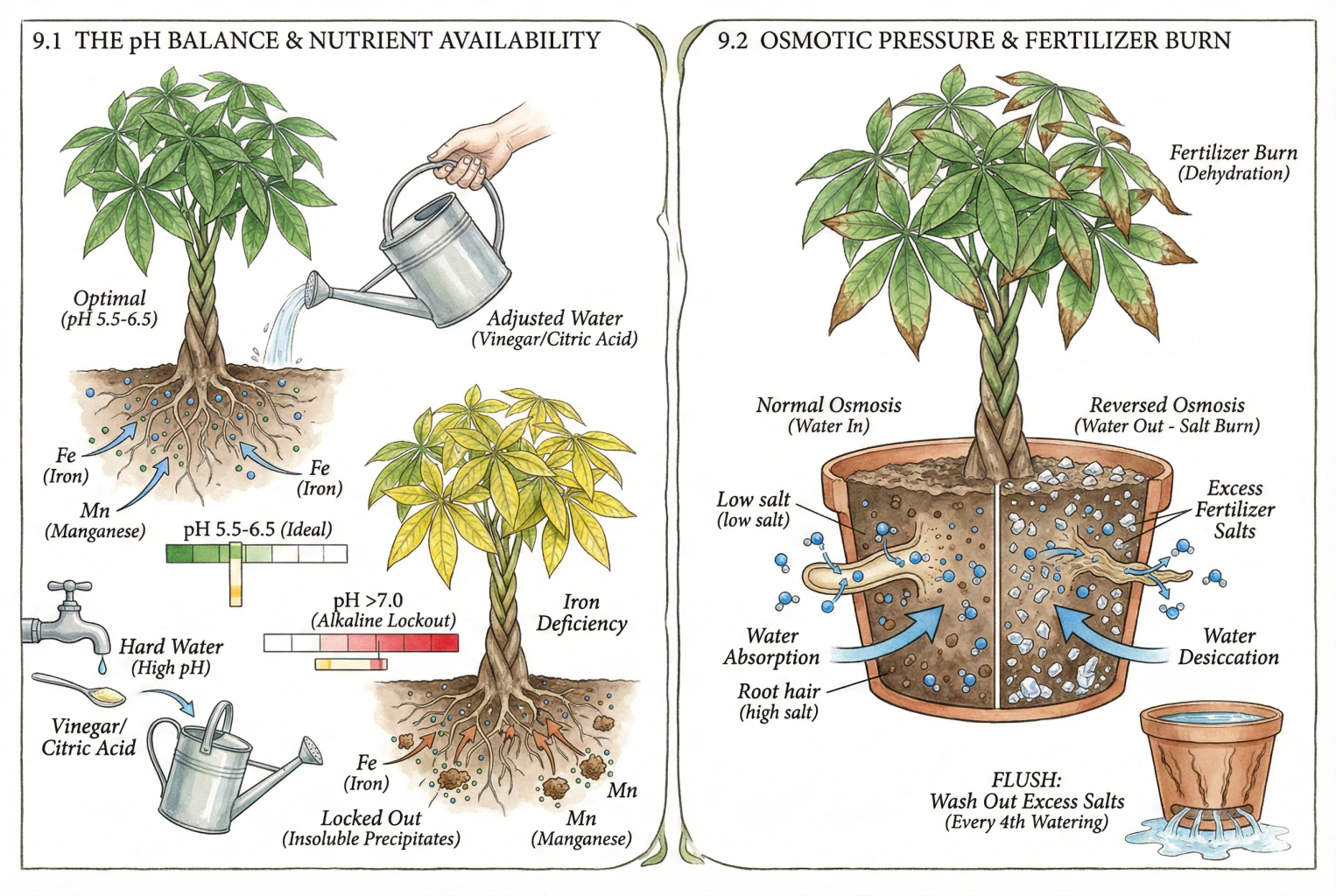 Illustration of soil pH, water hardness, and osmosis affecting root uptake.