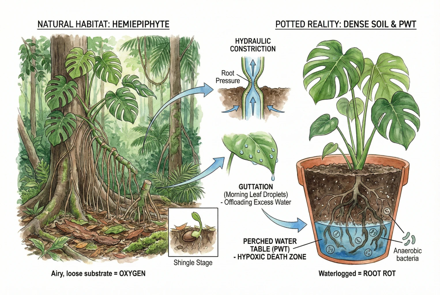 Conceptual watercolor diagram of a Monstera from wild habitat to pot, showing aerial roots, guttation droplets, and a saturated zone near the pot base.