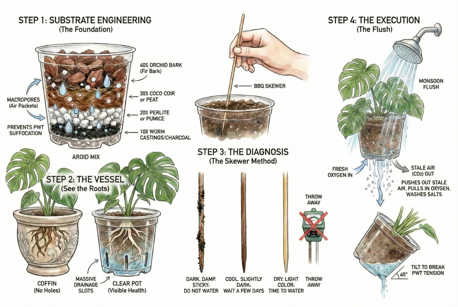 Conceptual watercolor diagram of a watering setup: aroid-mix ingredients, a clear pot, a skewer moisture check, and watering to drainage.