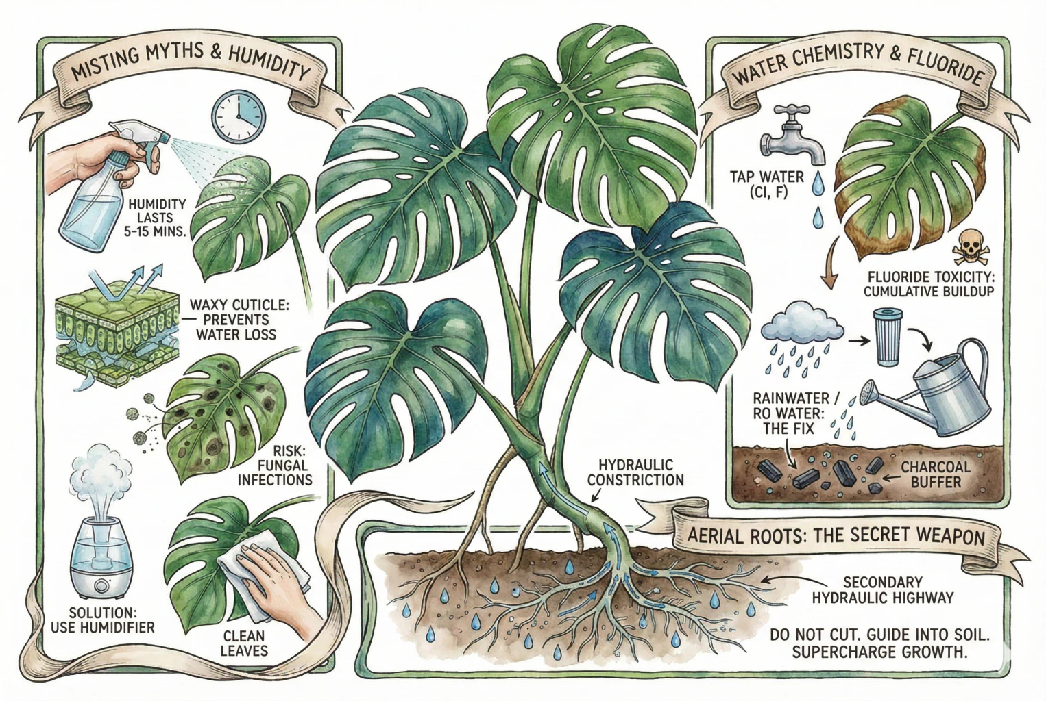 Conceptual watercolor diagram covering misting, water quality options, and aerial roots on a Monstera.