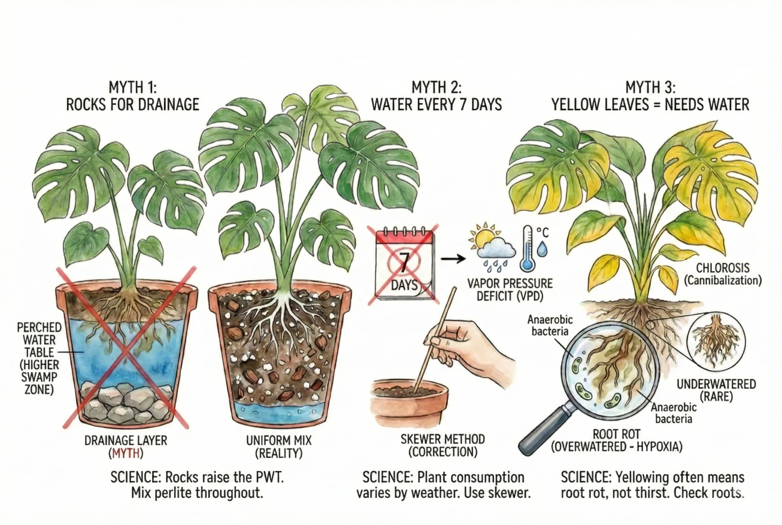 Conceptual watercolor diagram contrasting three common watering beliefs with more nuanced explanations.
