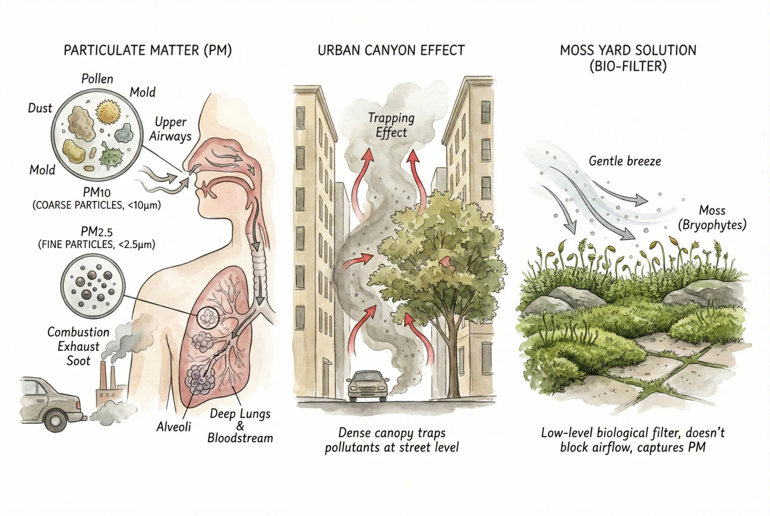 Infographic contrasting PM10 and PM2.5 particle sizes and health effects, and illustrating how a dense street-canyon tree canopy can slow the dispersal of exhaust at street level.