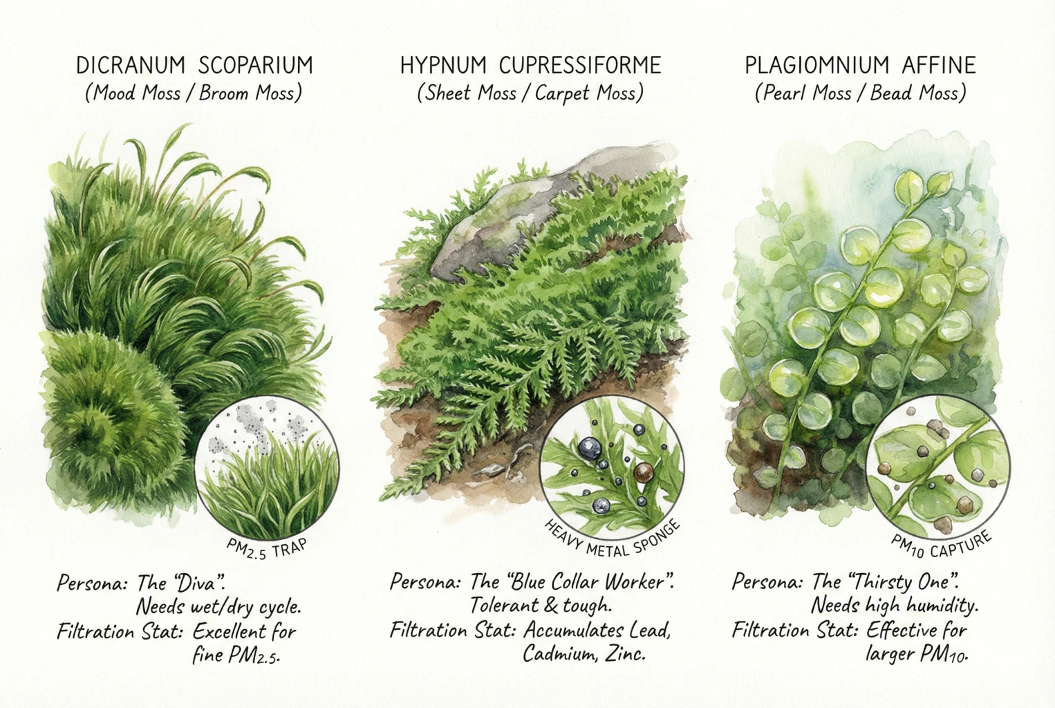Illustration of three moss species, Dicranum scoparium, Hypnum cupressiforme, and Plagiomnium affine, shown with cushion, creeping-mat, and broad-leaf growth forms.