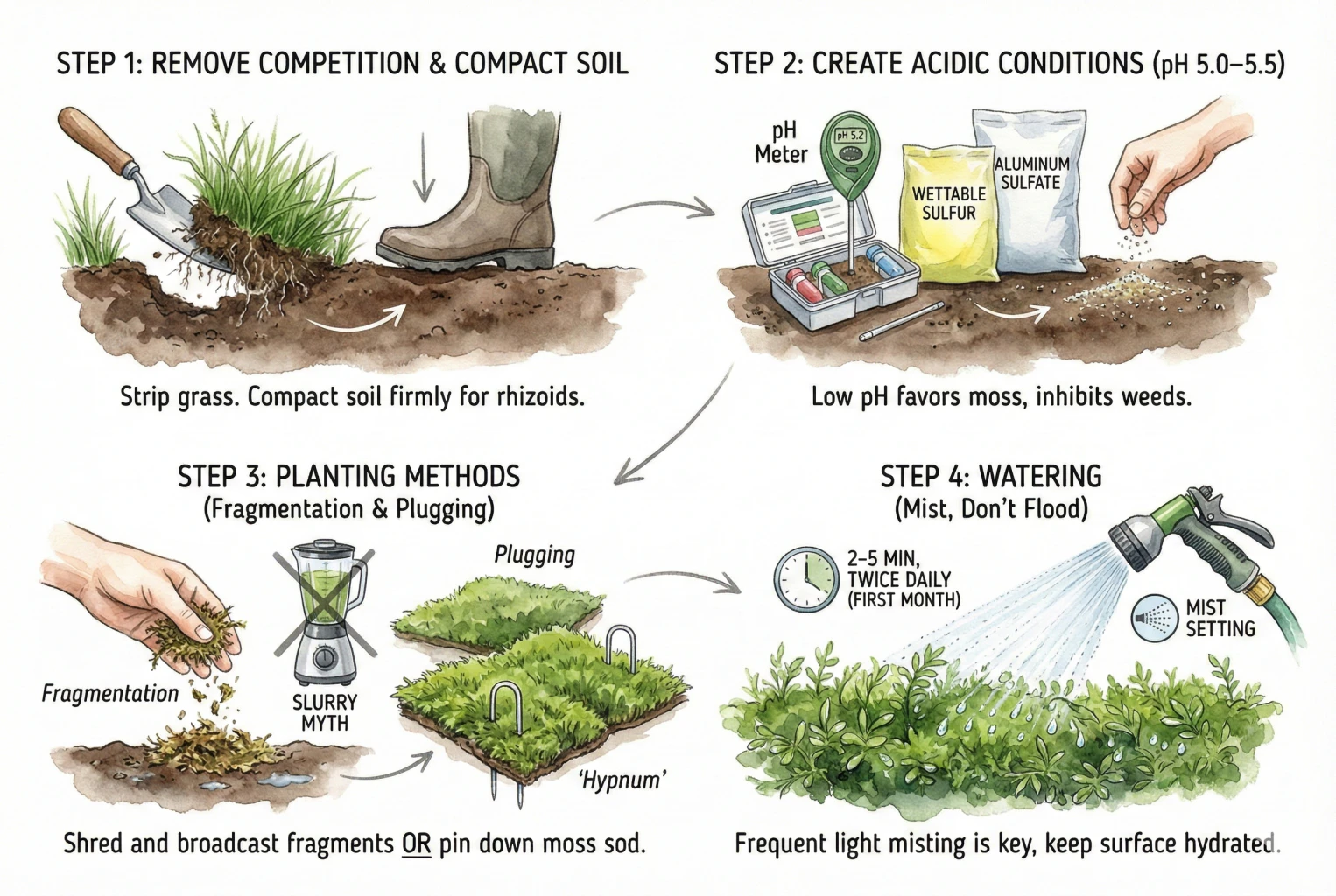 Step-by-step illustration of moss-yard installation: clearing grass, preparing the surface, testing and adjusting pH, and planting moss fragments or plugs.