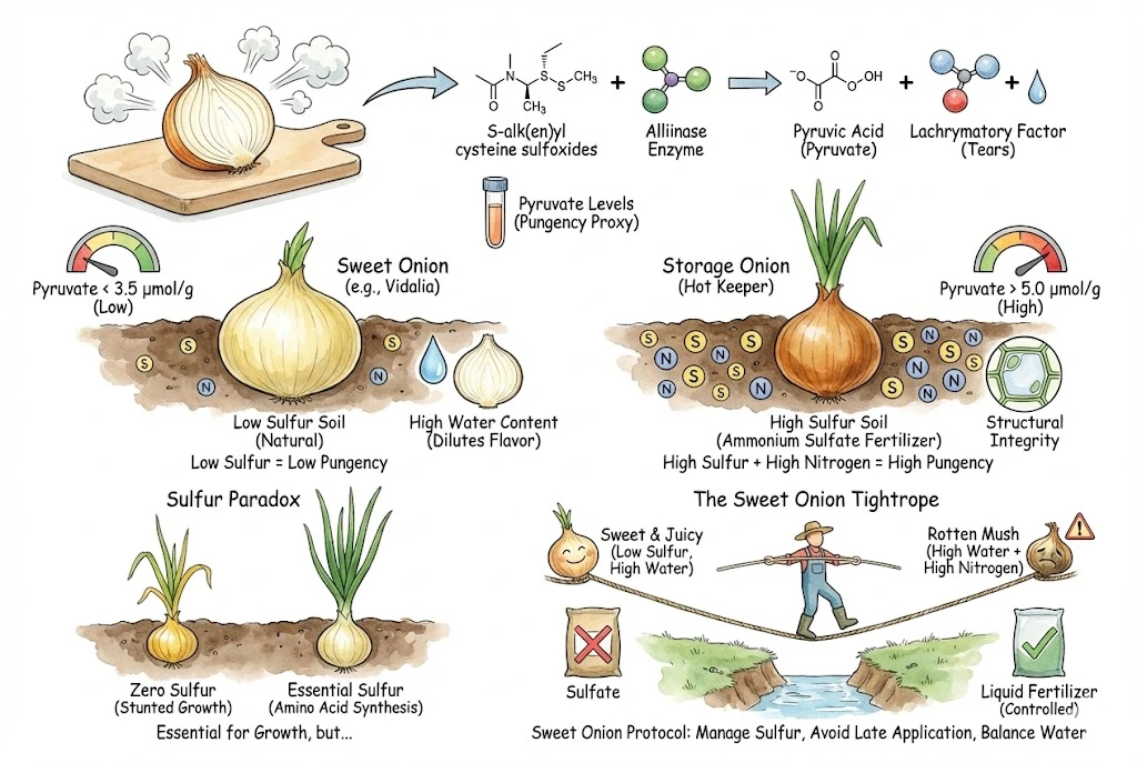 Illustration of onion flavor chemistry, from sulfur-containing precursors to pungency compounds.