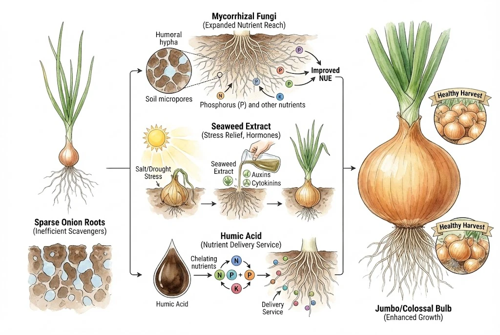Illustration of biostimulants for onions: mycorrhizal fungi, seaweed extract, and humic substances.