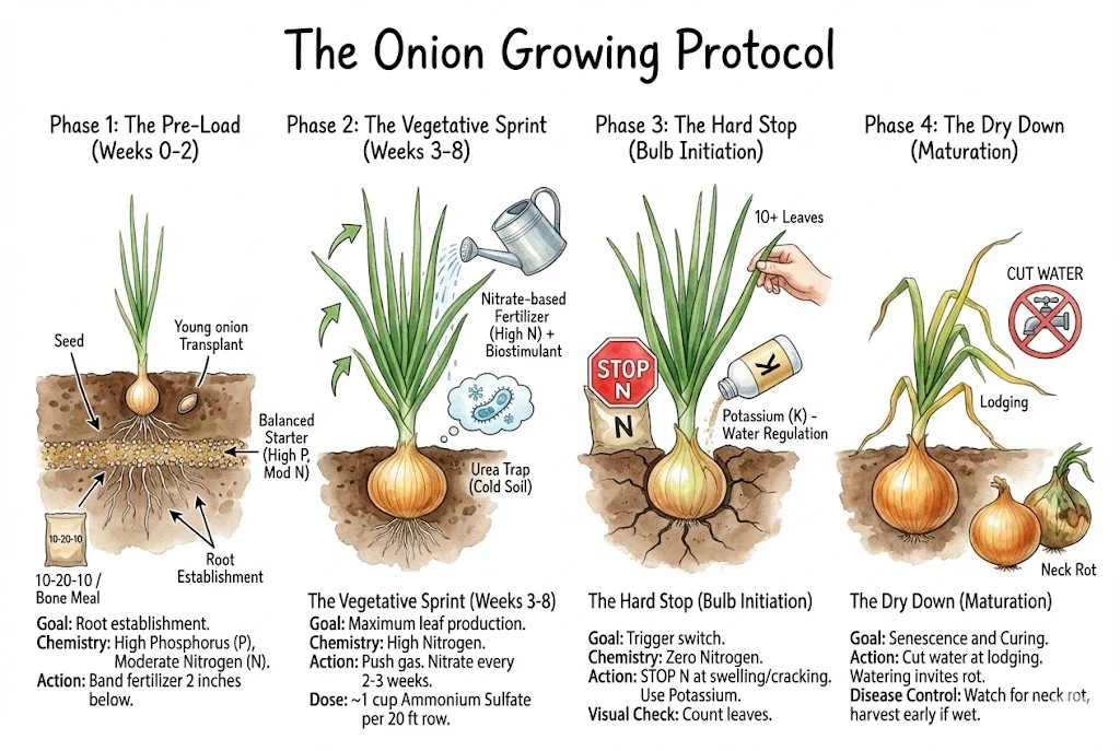 Illustration of a four-phase onion feeding and watering schedule from establishment through maturation.