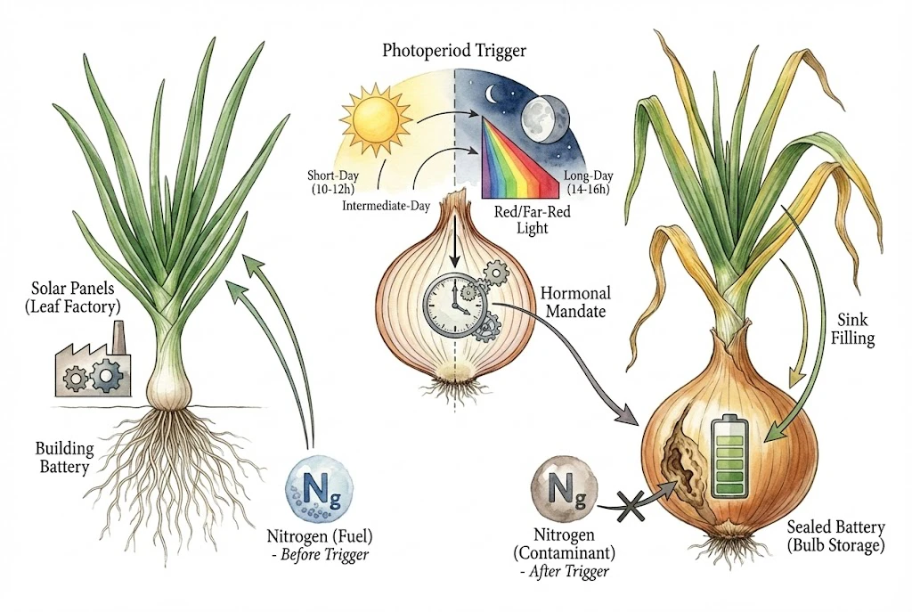 Illustration comparing an onion's leaf-growth phase with its bulb-filling phase.
