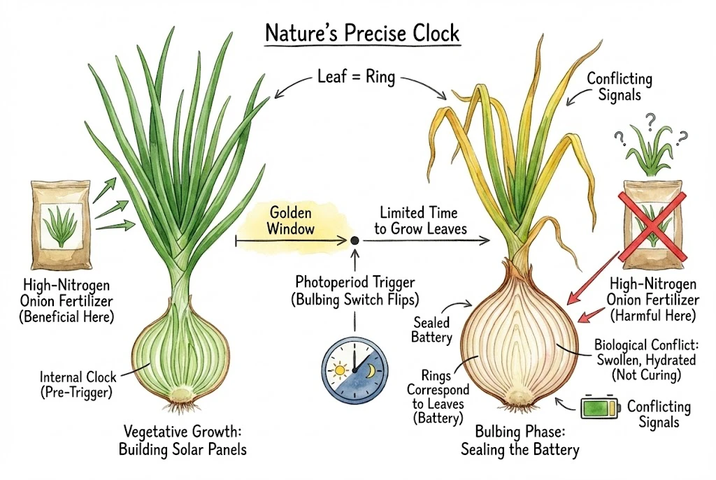 Illustration of an onion responding to day length, with short-day, intermediate-day, and long-day types.