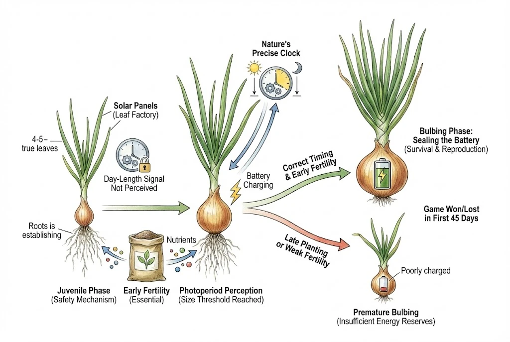Illustration linking an onion's foliage leaves to the fleshy scales inside the bulb.