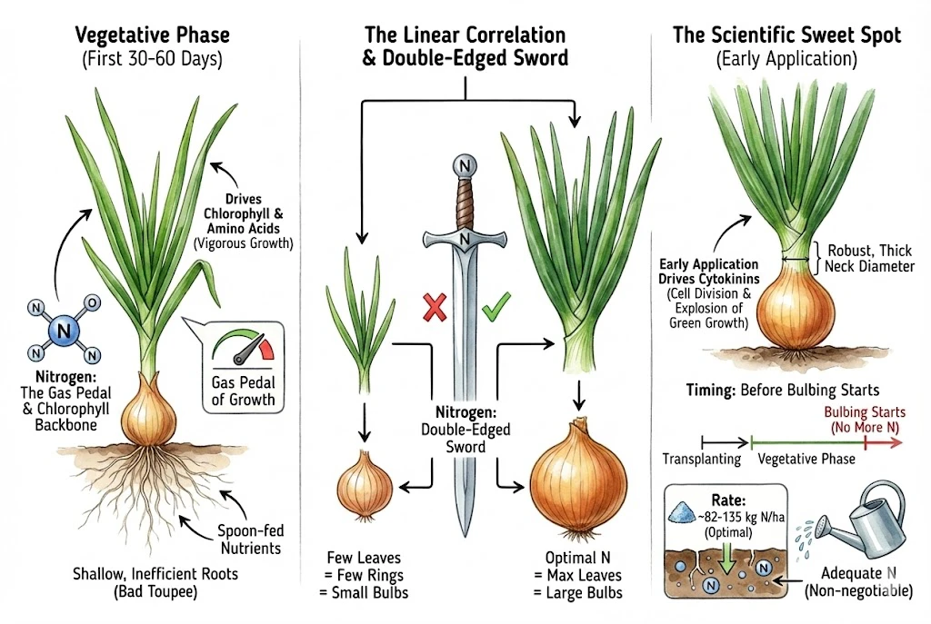 Illustration of nitrogen's role in early onion growth and the risk of over-application.
