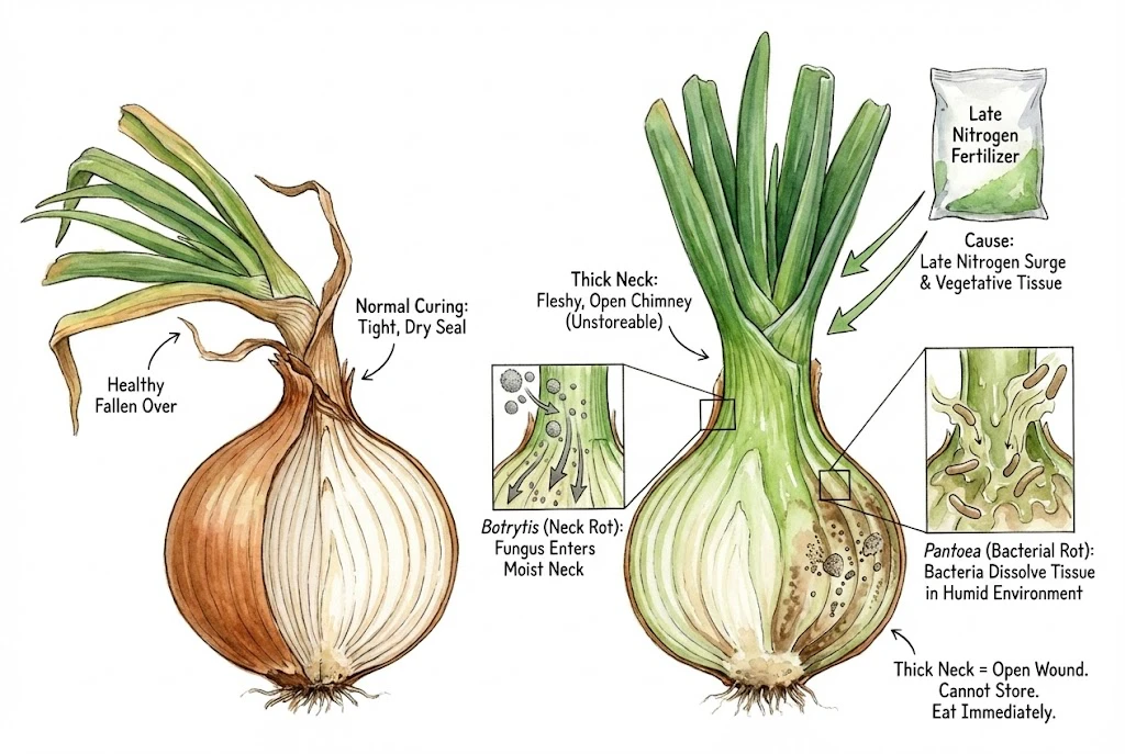 Illustration comparing a normal onion neck with a thick, green neck.
