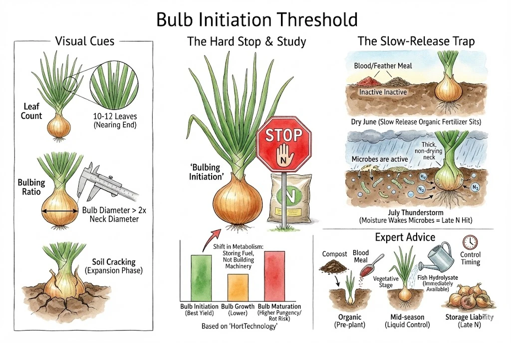 Illustration of bulbing cues such as the bulb-to-neck ratio, soil cracking, and leaf count.