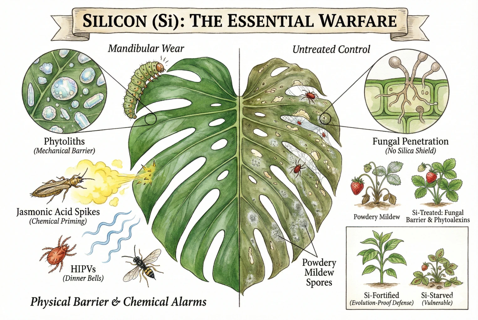 Illustration of a Monstera leaf representing silicon-based pest resistance in plants