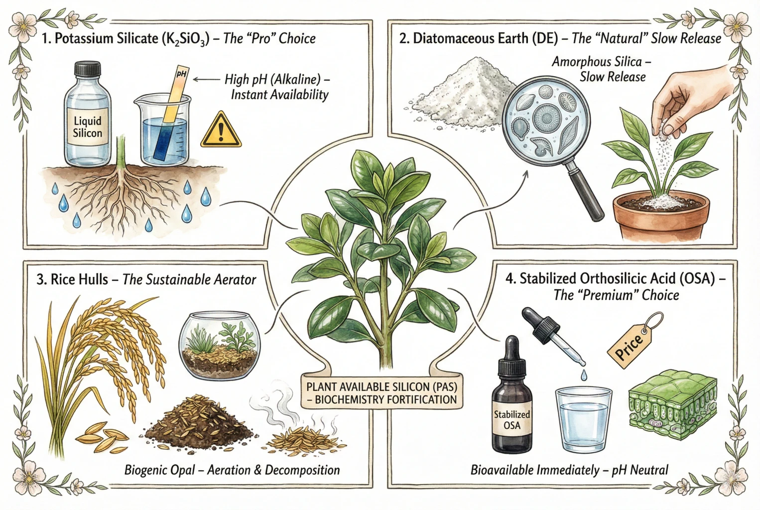 Illustration comparing silicon sources for plants, such as liquid silicate and diatomaceous earth
