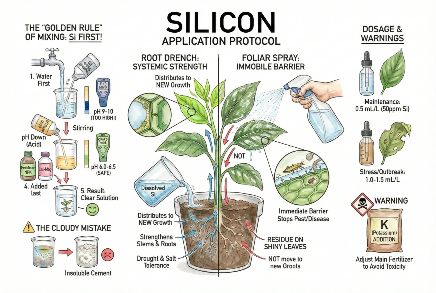 Illustration of steps for mixing a silicon supplement into a watering can