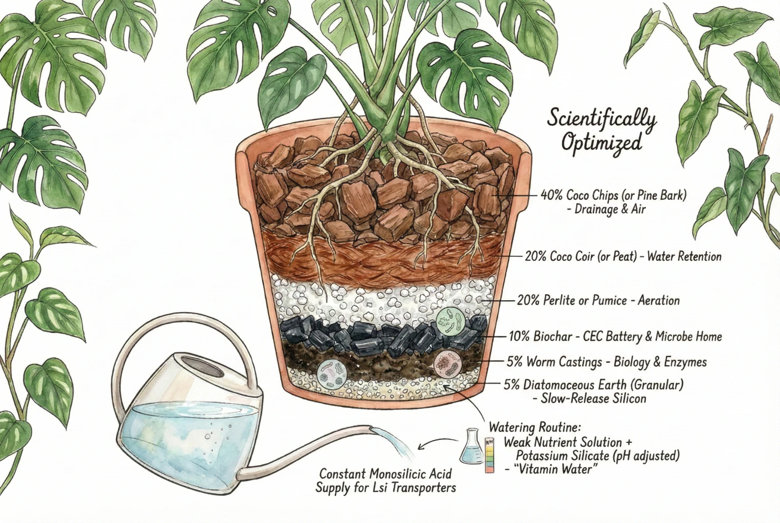 Illustration of a layered aroid potting mix with bark, coir, perlite, biochar, and diatomaceous earth