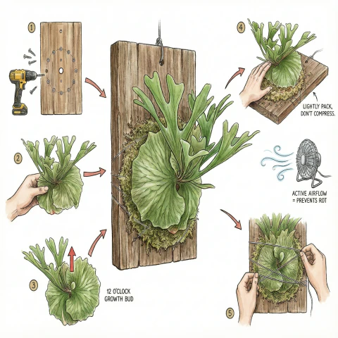 Illustration of a Platycerium mounted on a board: growth bud pointing up, loosely packed moss, and fishing line zig-zagged between screws.