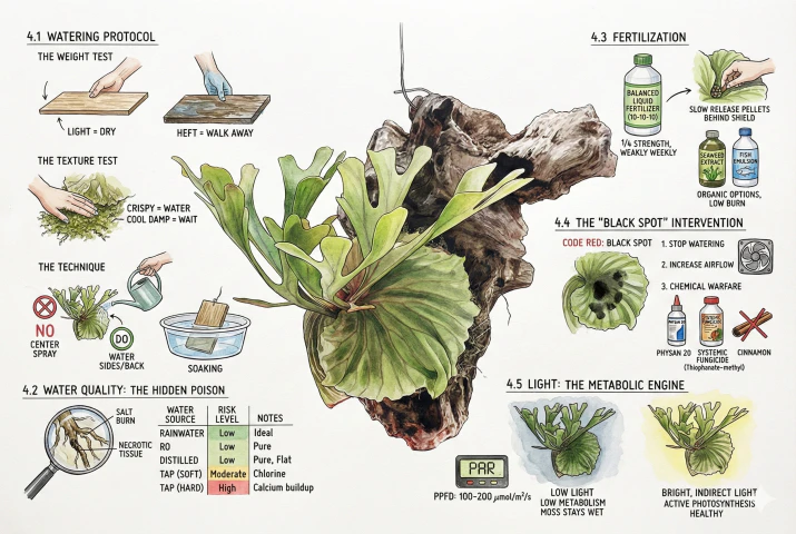 Care dashboard illustration showing side/back watering, light level, feeding, and black-spot response for a mounted staghorn fern.