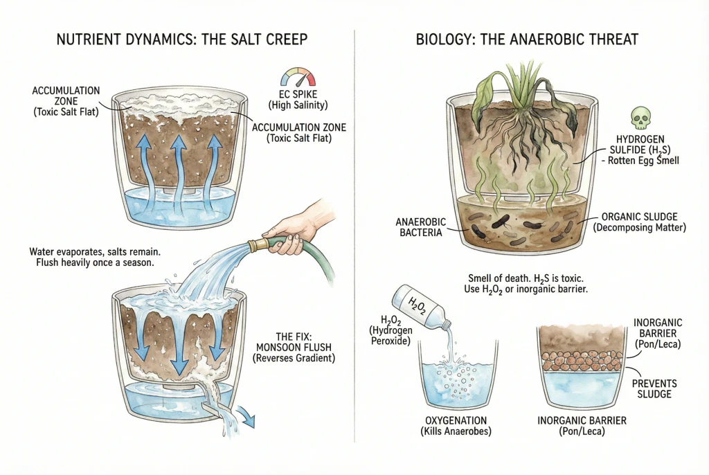 Illustration of an unglazed terracotta self-watering pot wicking water from a reservoir, and surface salt build-up.