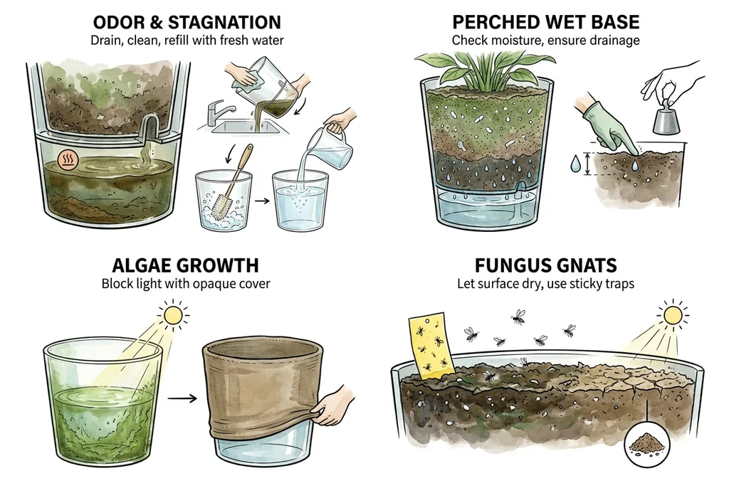 Illustration of reservoir troubleshooting topics: odor, perched water, algae, and fungus gnats.