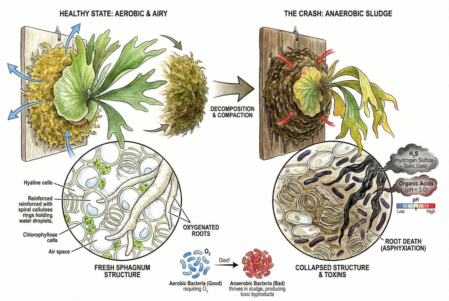 Illustration comparing fresh, open sphagnum moss with oxygenated roots against collapsed, compacted old moss.