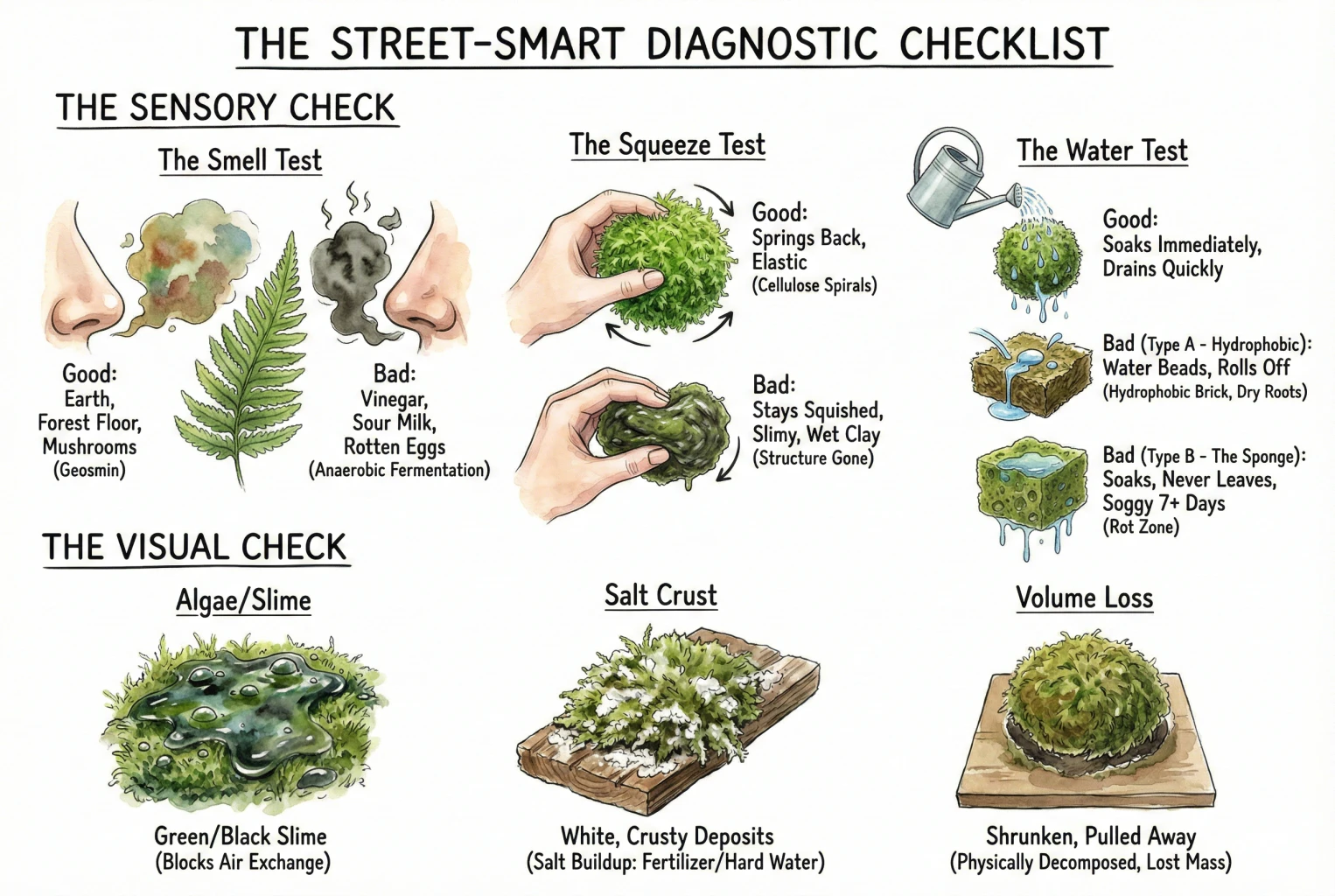 Illustration of moss-condition checks: smell, squeeze, water behavior, surface algae, salt crust, and volume loss.