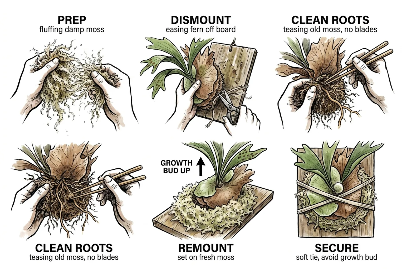 Illustration of the remount steps: prep moss, dismount, clean roots, remount, and secure the plant.