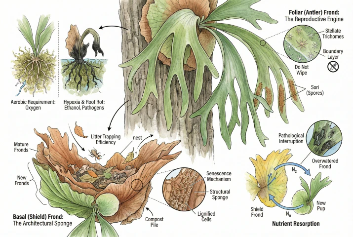 Conceptual diagram of a staghorn fern's two frond types: a round basal shield frond trapping falling litter and holding water at the roots, and pendulous antler fronds bearing spores, with the root zone labelled for oxygen and hypoxia.