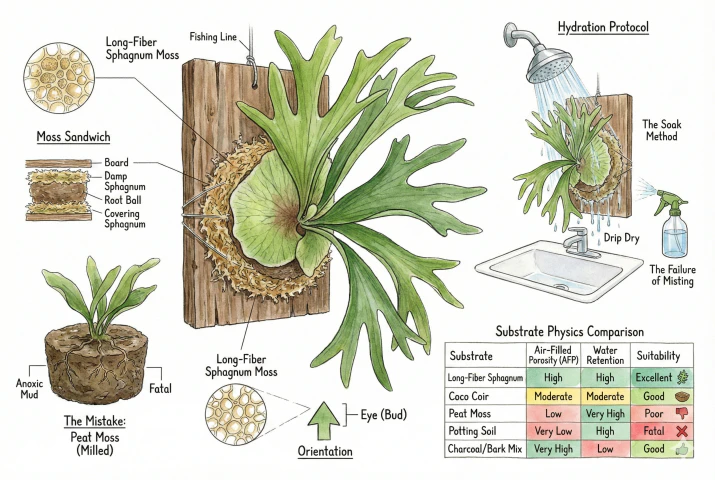 Conceptual illustration of mounting and watering a staghorn fern: the moss-sandwich method on a board, the growing eye oriented upward, soaking and draining the mount, and a comparison of substrate types by air and water holding.