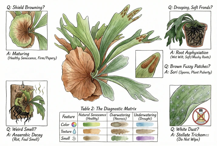 Conceptual troubleshooting illustration contrasting a healthy staghorn with drooping fronds, dark soft tissue at the base, and spore patches on the antler tips, alongside a triage grid of texture, colour, and smell cues.