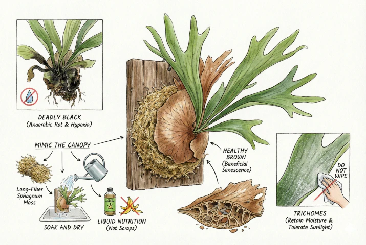 Staghorn Fern Care: Distinguishing Brown Shield Fronds from Overwatering & Rot