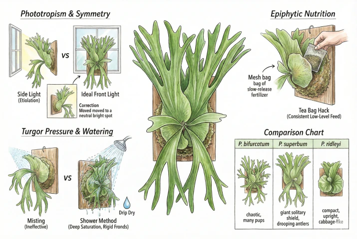Illustration de conseils de soins couvrant l’emplacement de la lumière, l’arrosage par trempage profond, la fertilisation et les différences entre espèces de fougères corne d’élan.