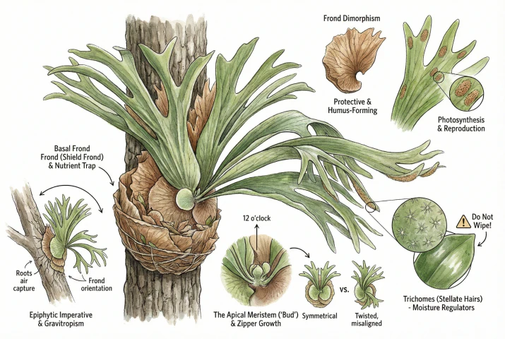 Schéma légendé de l’anatomie d’une fougère corne d’élan : frondes basales arrondies (frondes bouclier) à la base, frondes foliaires fourchues en bois de cerf au-dessus, point de croissance central et trichomes blancs sur la surface des feuilles.